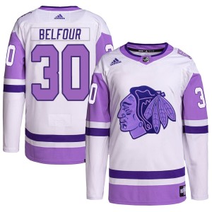 Youth Chicago Blackhawks ED Belfour Adidas Authentic Hockey Fights Cancer Primegreen Jersey - White/Purple