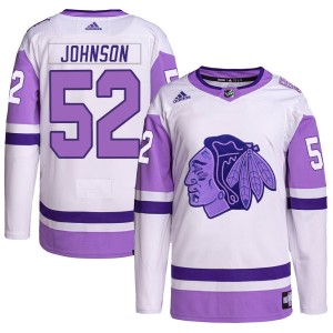 Youth Chicago Blackhawks Reese Johnson Adidas Authentic Hockey Fights Cancer Primegreen Jersey - White/Purple