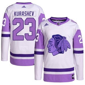 Youth Chicago Blackhawks Philipp Kurashev Adidas Authentic Hockey Fights Cancer Primegreen Jersey - White/Purple