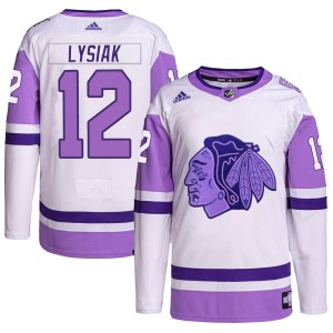 Youth Chicago Blackhawks Tom Lysiak Adidas Authentic Hockey Fights Cancer Primegreen Jersey - White/Purple