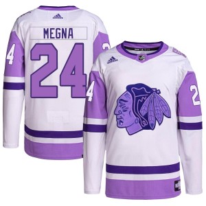 Youth Chicago Blackhawks Jaycob Megna Adidas Authentic Hockey Fights Cancer Primegreen Jersey - White/Purple