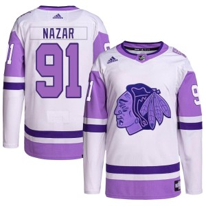 Youth Chicago Blackhawks Frank Nazar Adidas Authentic Hockey Fights Cancer Primegreen Jersey - White/Purple