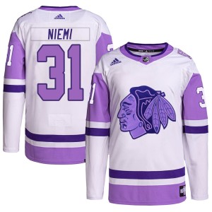 Youth Chicago Blackhawks Antti Niemi Adidas Authentic Hockey Fights Cancer Primegreen Jersey - White/Purple