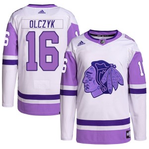 Youth Chicago Blackhawks Ed Olczyk Adidas Authentic Hockey Fights Cancer Primegreen Jersey - White/Purple