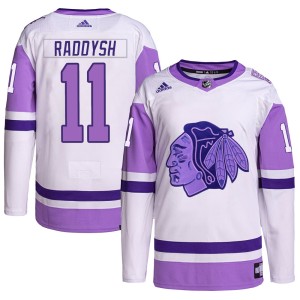 Youth Chicago Blackhawks Taylor Raddysh Adidas Authentic Hockey Fights Cancer Primegreen Jersey - White/Purple