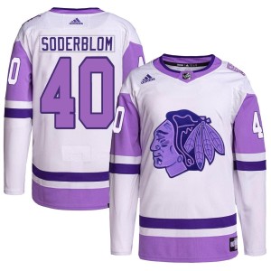 Youth Chicago Blackhawks Arvid Soderblom Adidas Authentic Hockey Fights Cancer Primegreen Jersey - White/Purple
