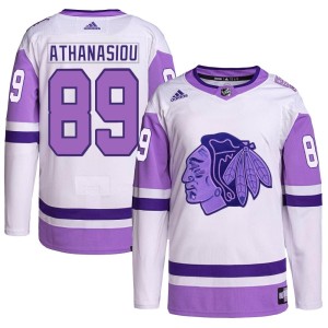 Men's Chicago Blackhawks Andreas Athanasiou Adidas Authentic Hockey Fights Cancer Primegreen Jersey - White/Purple