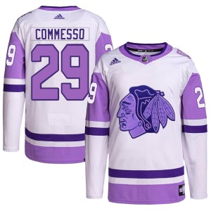 Men's Chicago Blackhawks Drew Commesso Adidas Authentic Hockey Fights Cancer Primegreen Jersey - White/Purple