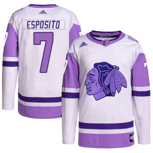 Men's Chicago Blackhawks Phil Esposito Adidas Authentic Hockey Fights Cancer Primegreen Jersey - White/Purple