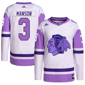 Men's Chicago Blackhawks Dave Manson Adidas Authentic Hockey Fights Cancer Primegreen Jersey - White/Purple