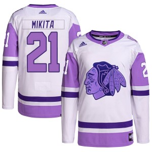 Men's Chicago Blackhawks Stan Mikita Adidas Authentic Hockey Fights Cancer Primegreen Jersey - White/Purple