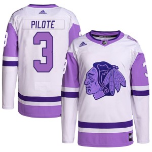 Men's Chicago Blackhawks Pierre Pilote Adidas Authentic Hockey Fights Cancer Primegreen Jersey - White/Purple