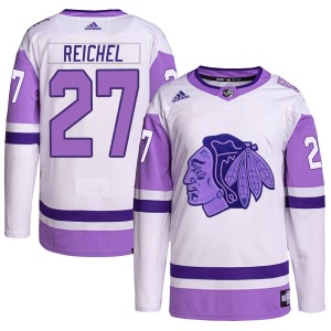 Men's Chicago Blackhawks Lukas Reichel Adidas Authentic Hockey Fights Cancer Primegreen Jersey - White/Purple