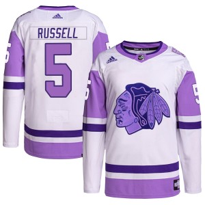 Men's Chicago Blackhawks Phil Russell Adidas Authentic Hockey Fights Cancer Primegreen Jersey - White/Purple