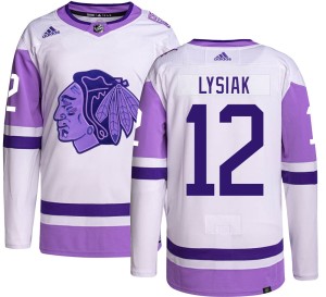 Men's Chicago Blackhawks Tom Lysiak Adidas Authentic Hockey Fights Cancer Jersey -