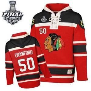 Youth Chicago Blackhawks Corey Crawford Authentic Old Time Hockey Sawyer Hooded Sweatshirt 2015 Stanley Cup Patch - Red