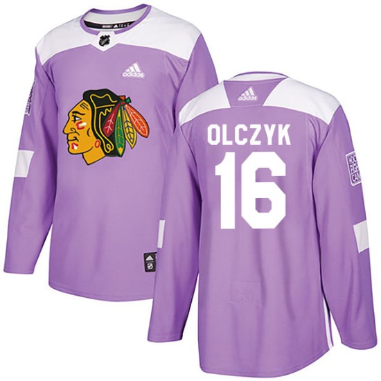Men's Chicago Blackhawks Ed Olczyk Adidas Authentic Fights Cancer Practice Jersey - Purple